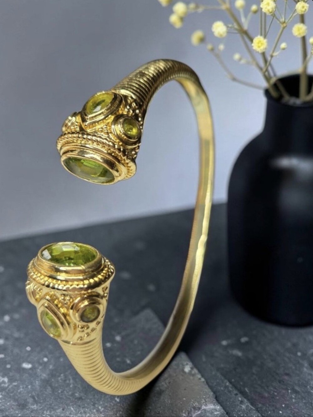 Luxury Designer 18k Gold Plated Genuine Peridot Gemstone Bangle Cuff Bracelet